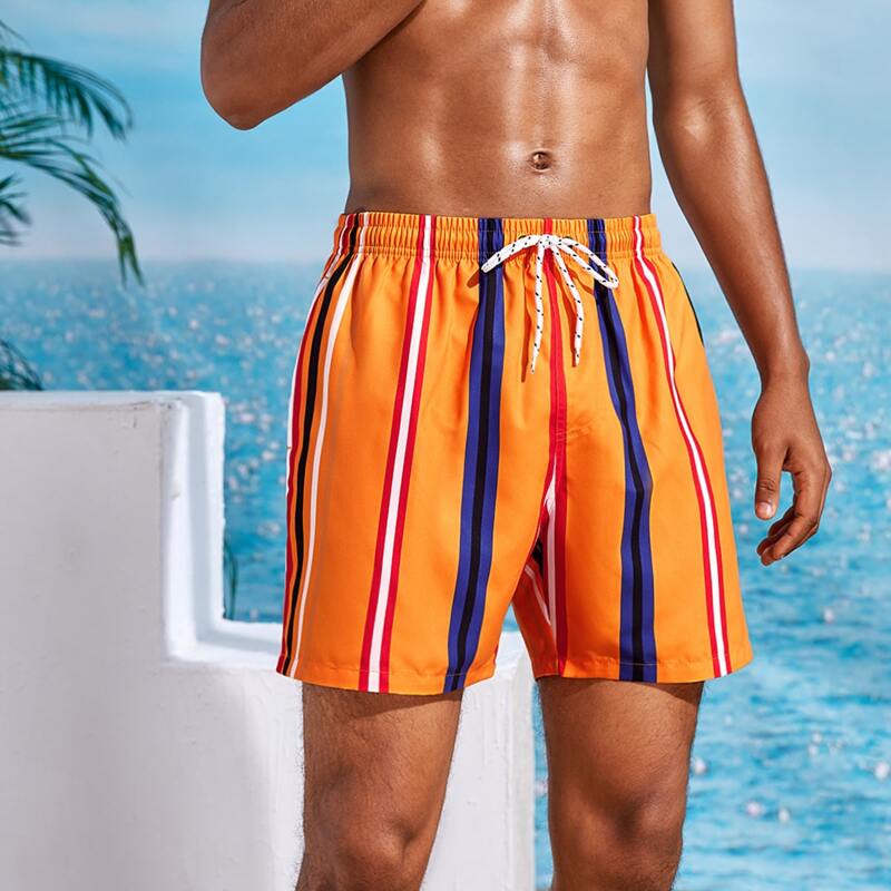 

Guys Striped Drawstring Waist Swim Trunks, Multicolor