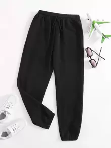 SHEIN Boys Solid Elastic Waist Trousers - Black - View 1