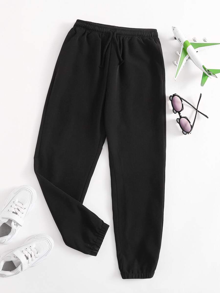 SHEIN Boys Solid Elastic Waist Trousers - Black - View 1