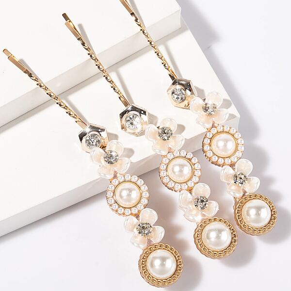 

6pcs Flower & Faux Pearl Decor Hair Clip, Gold