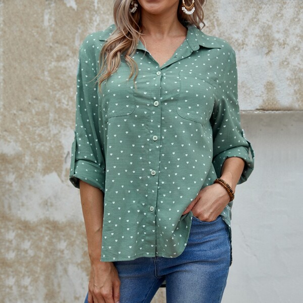 

Allover Heart Print Roll Tab Sleeve Blouse, Cadet blue