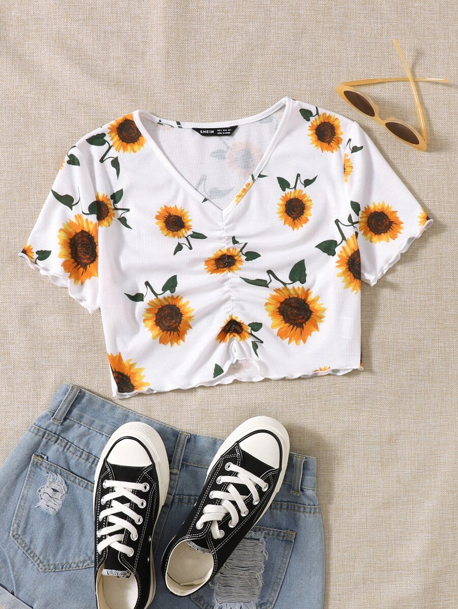 SHEIN Camisetas Drapeado Floral Casual - Blanco - Ver 1