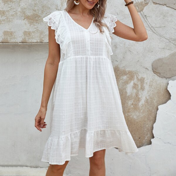 

V Neck Lace Trim Ruffle Hem Smock Dress, White