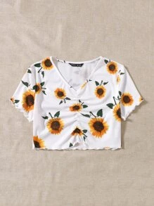 SHEIN Camisetas Drapeado Floral Casual - Blanco - Ver 4