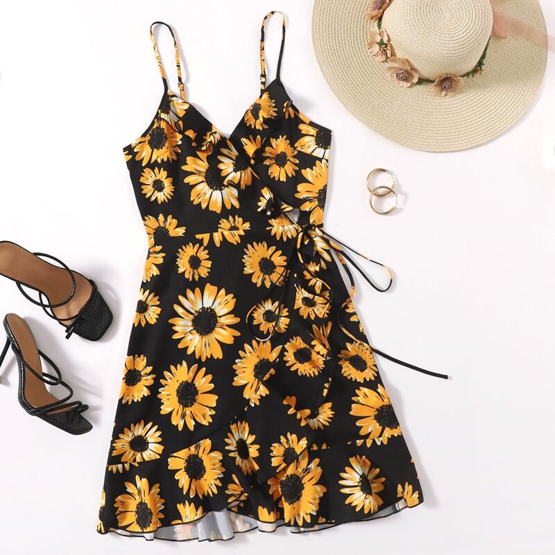 

Allover Floral Print Ruffle Detail Wrap Belted Slip Dress, Multicolor
