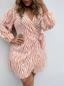 Celure Plus Zebra Stripe Knot Side Wrap Dress - Orange - View 1