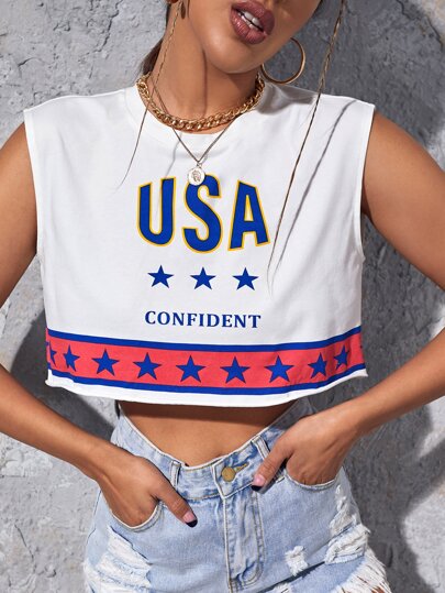 Letter And Star Print Crop Tank Top