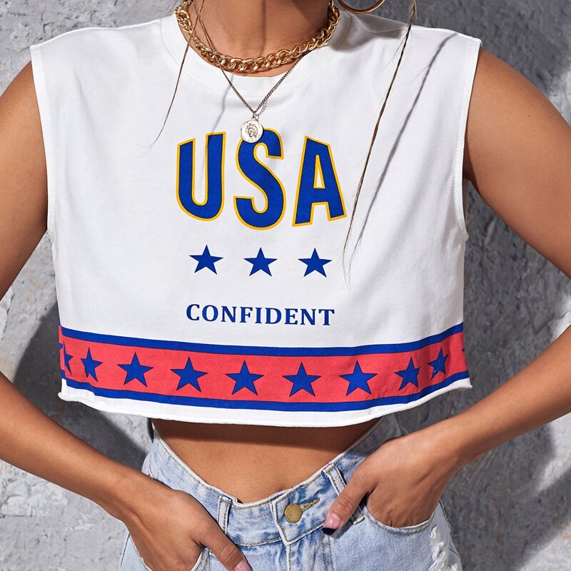 

Letter And Star Print Crop Tank Top, White