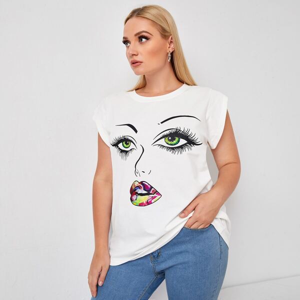

Plus Figure Print Cap Sleeve Tee, White