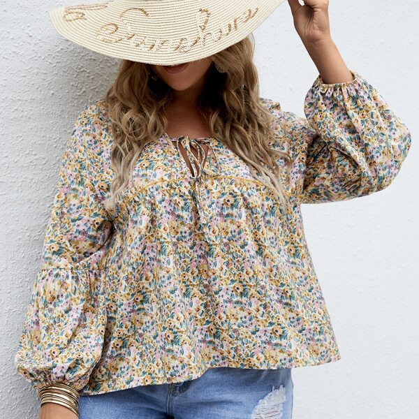 

Plus Ditsy Floral Tie Neck Babydoll Blouse, Multicolor