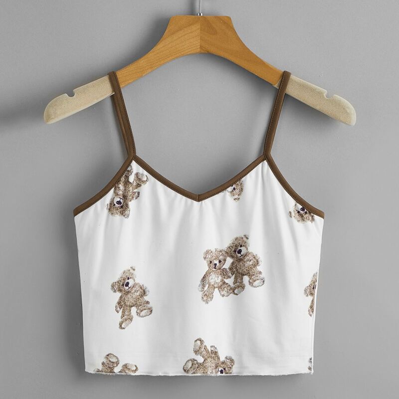 

Cartoon Bear Print Ringer Cami, White