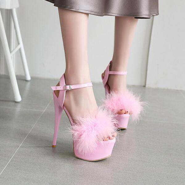 

Fluffy Platform Ultra High Heeled Stiletto Sandals, Pink