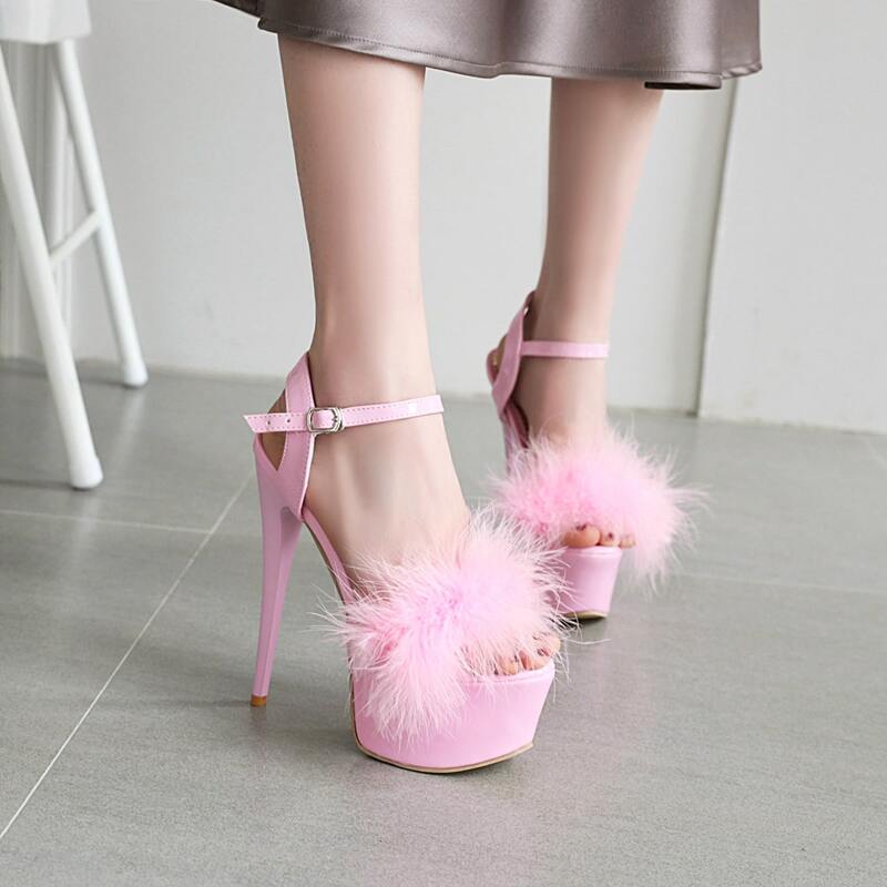 

Fluffy Platform Ultra High Heeled Stiletto Sandals, Pink