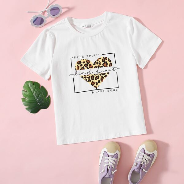 

Girls Leopard Heart & Letter Print Tee, White