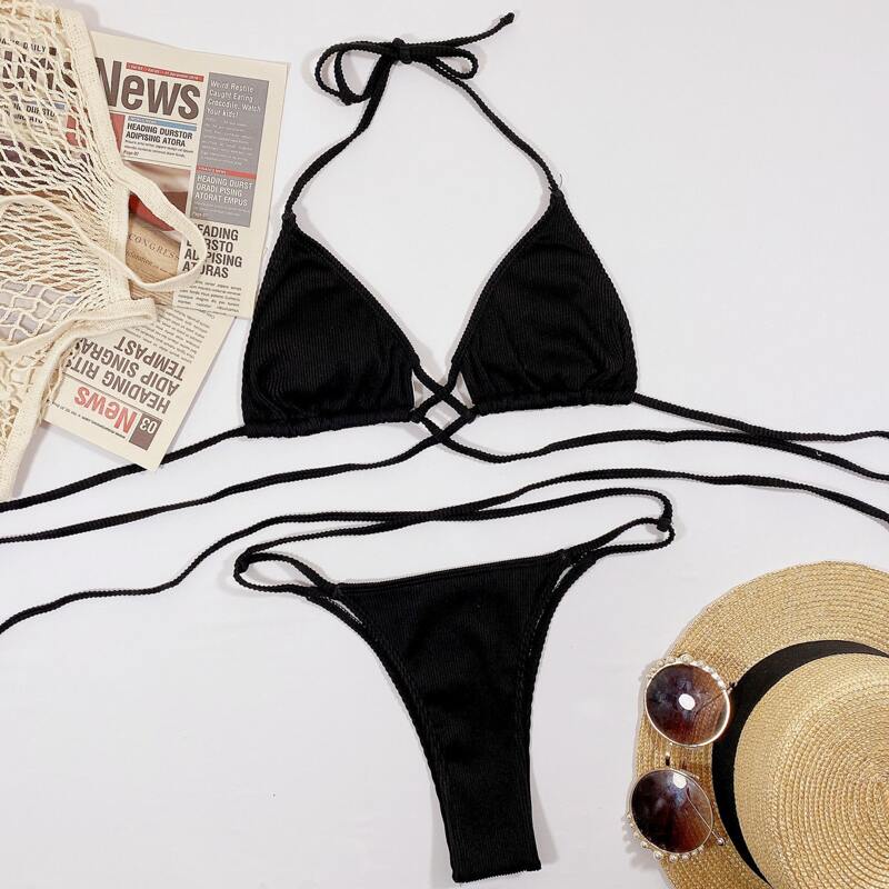 

Rib Crisscross Halter Thong Bikini Swimsuit, Black