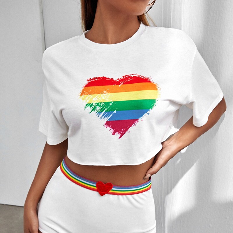 

Drop Shoulder Rainbow Heart Tee, White
