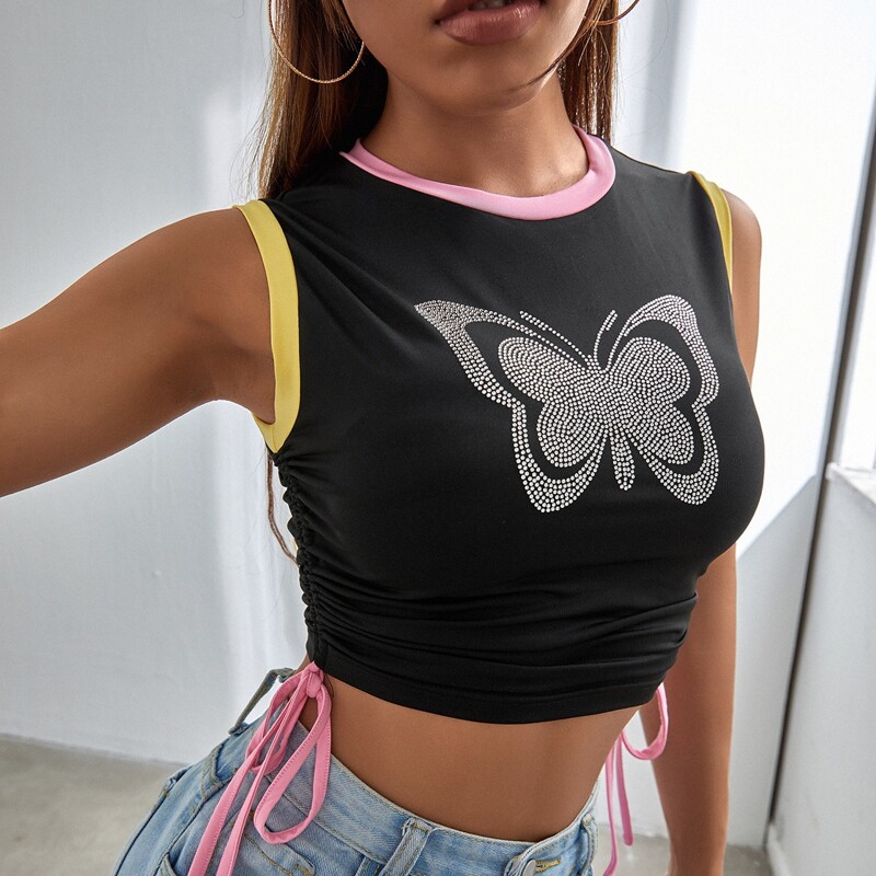 

Rhinestone Butterfly Crop Tank Top, Black