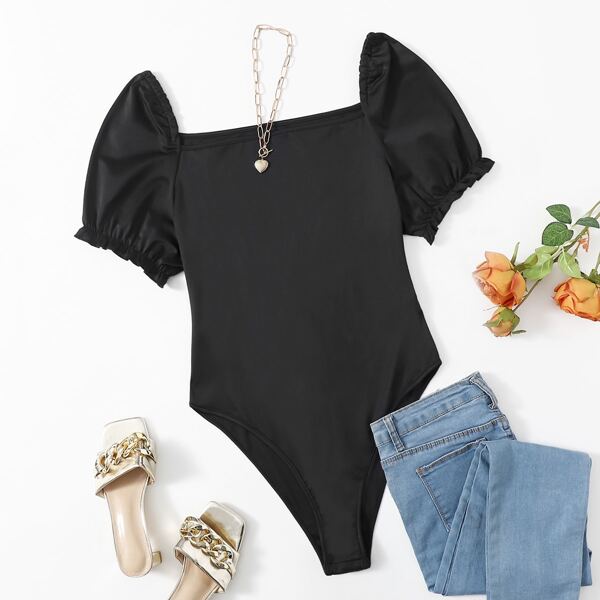 

Plus Square Neck Puff Sleeve Bodysuit, Black