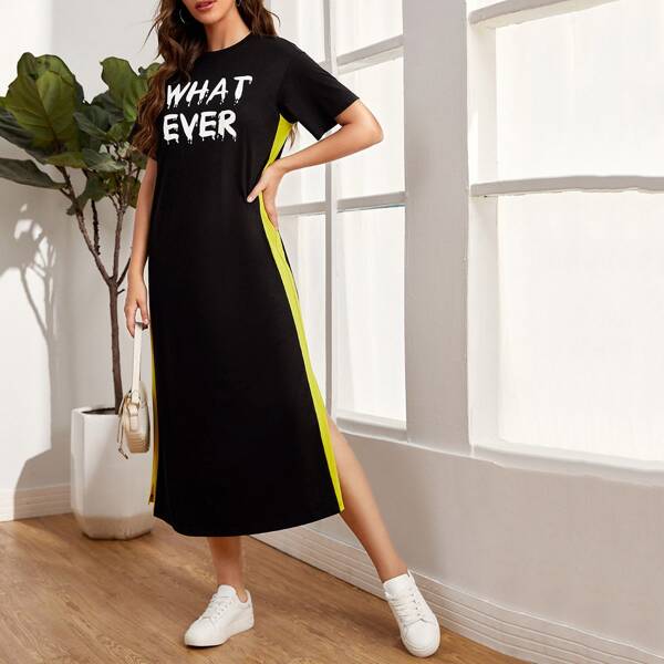 

Contrast Sideseam Split Hem Letter Graphic Dress, Black
