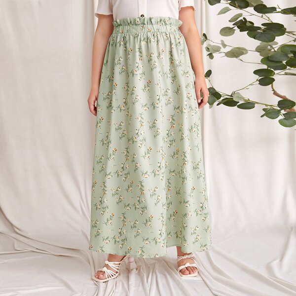 

Plus Ditsy Floral Paperbag Waist Skirt, Green