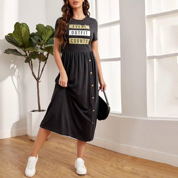 

Button Front Letter Graphic Dress, Black