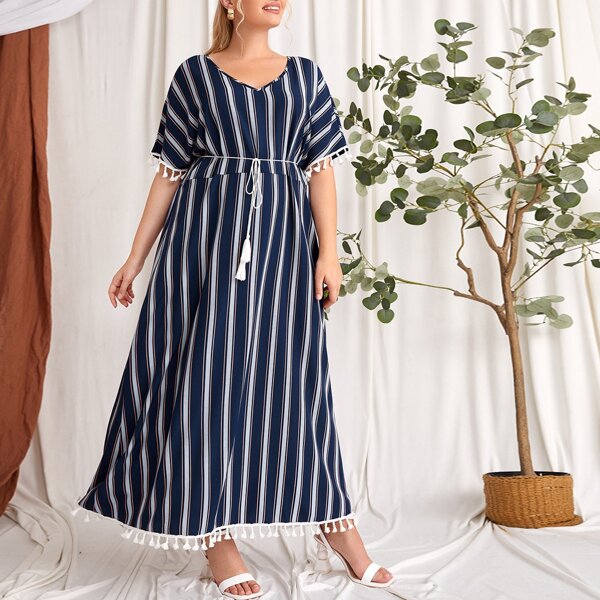 

Plus Striped Tassel Hem Belted Dress, Multicolor