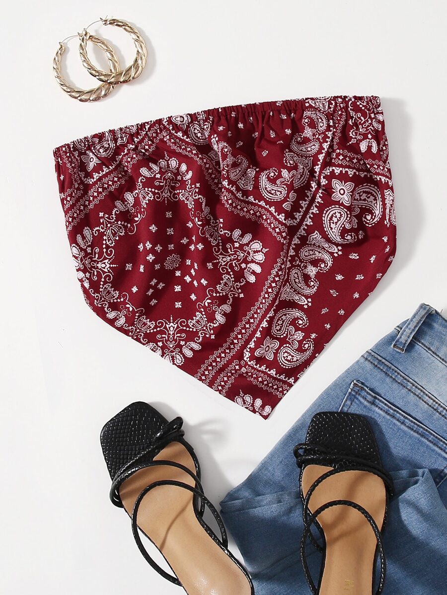 Paisley Print Crop Bandana Top - Burgundy - View 1