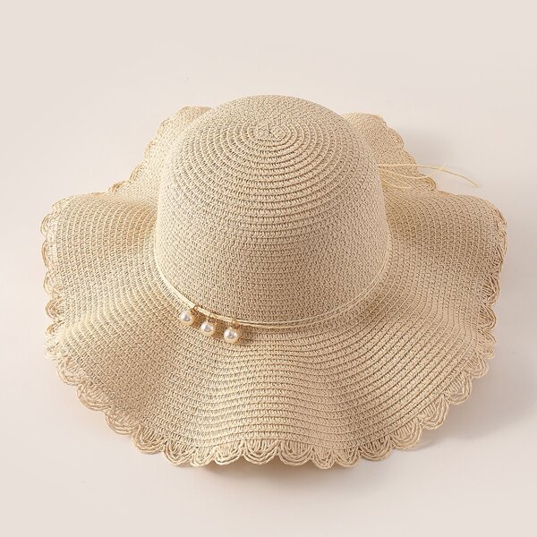 

Faux Pearl Decor Straw Hat, Beige