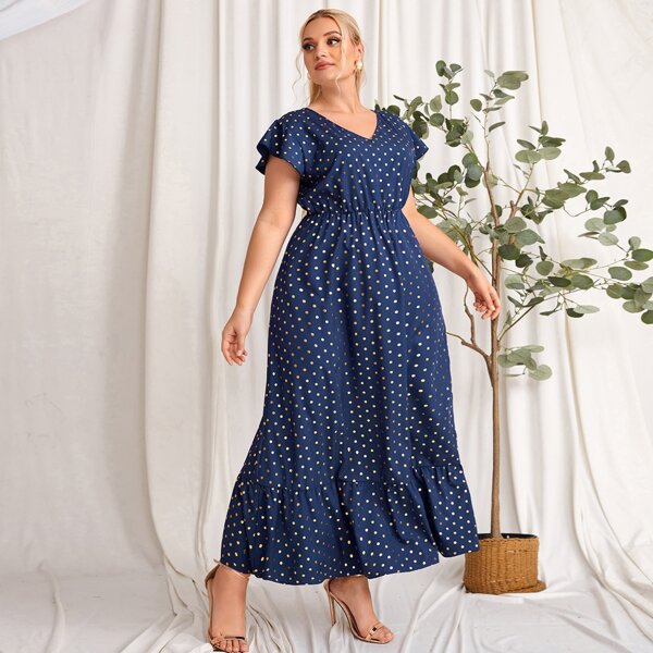 

Plus Polka Dot High Waist Ruffle Hem Dress, Navy blue