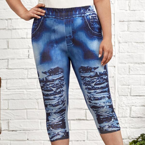 

Plus Graphic Print Capris Leggings, Blue