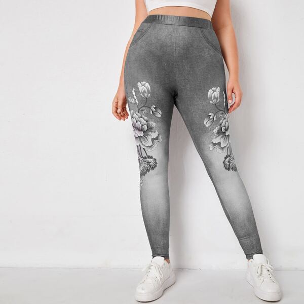 

Plus Floral Print Leggings, Grey