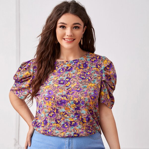 

Plus Puff Sleeve Floral Top, Multicolor