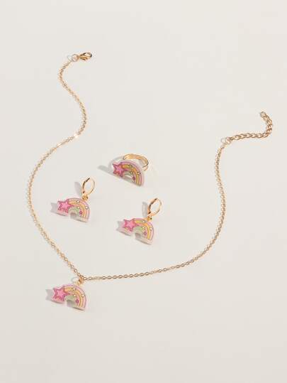 4pcs/Set Girls Resin Rainbow Necklace 1pc, Earrings 1pair, Ring 1pc Jewelry Set, Suitable For Daily Decoration