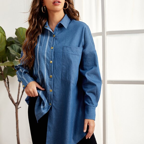 

Drop Shoulder Patch Pocket Striped Blouse, Blue