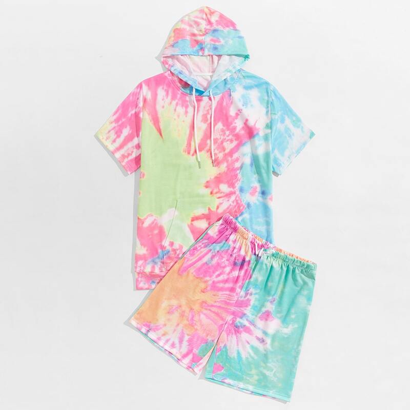 

Guys Tie Dye Kangaroo Pocket Hoodie With Track Shorts, Multicolor