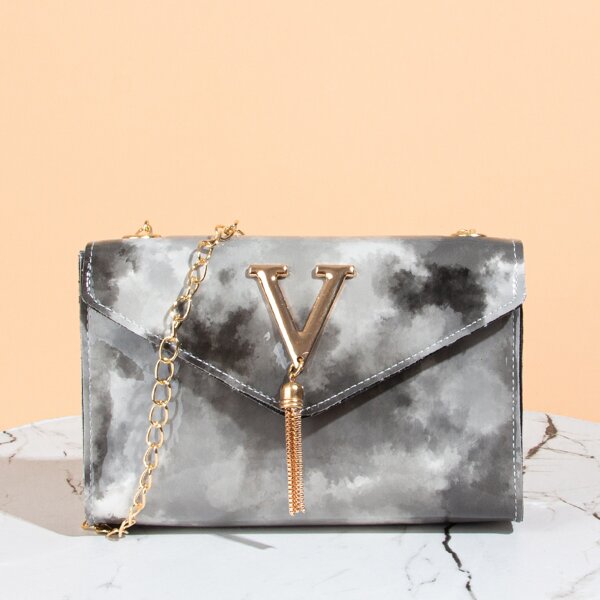 

Tassel Decor Tie Dye Chain Crossbody Bag, Grey
