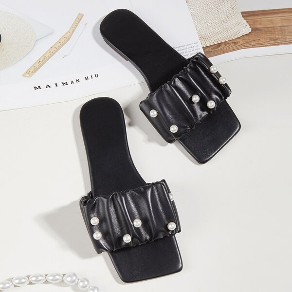 

Faux Pearl Decor Ruched Slide Sandals, Black