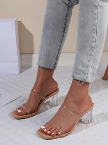 Women Double Clear Strap Chunky Heeled Sandals, Fashionable Minimalist Outdoor Mule Sandals - Clear - View 2