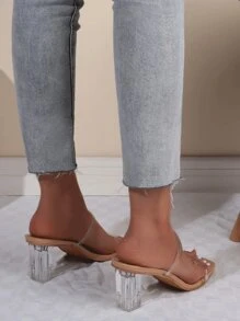Women Double Clear Strap Chunky Heeled Sandals, Fashionable Minimalist Outdoor Mule Sandals - Clear - View 3