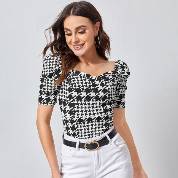 

Puff Sleeve Houndstooth Top, Black and white