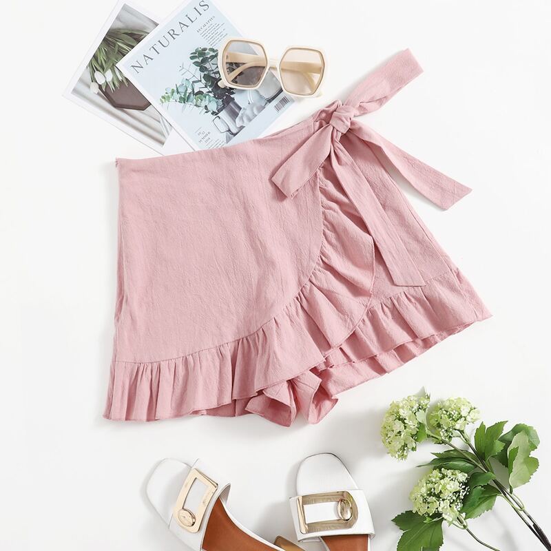 

Ruffle Trim Wrap Tie Side Shorts, Dusty pink