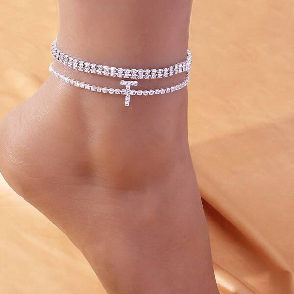 

2pcs Rhinestone Detail Anklet, Silver