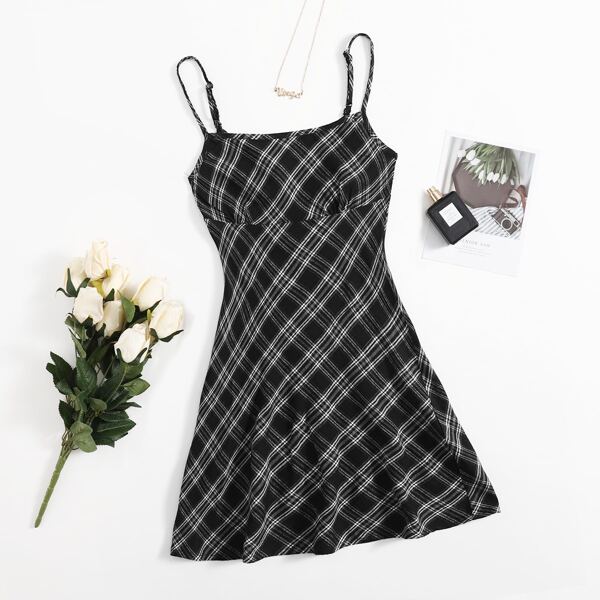 

Zipper Side Tartan Slip Dress, Black and white