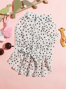 1 件无袖波尔卡圆点宠物衬衫，简约而实用 - 白色 - 查看 2