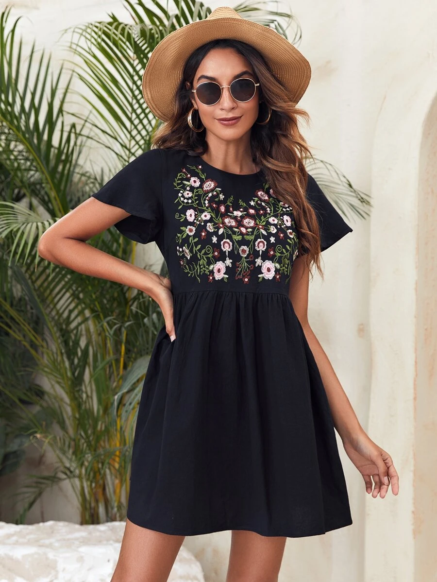 SHEIN Floral Embroidered Dress - Black - View 1