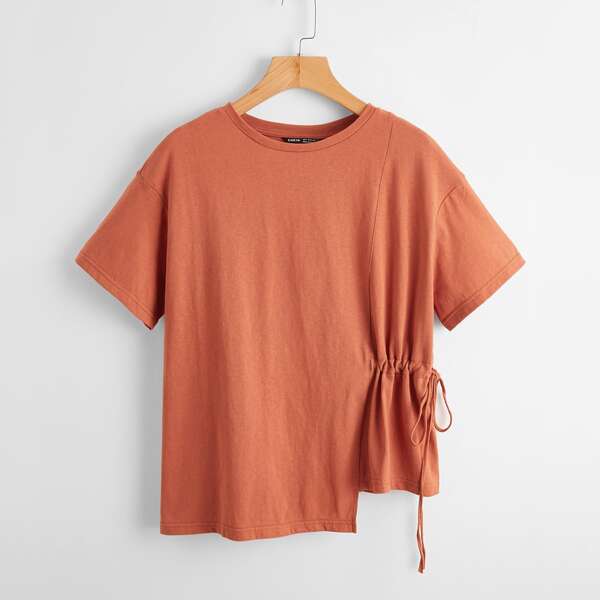 

Drawstring Side Asymmetrical Hem Top, Coral orange