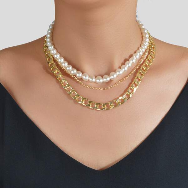 

Faux Pearl Beaded Layered Necklace, Gold