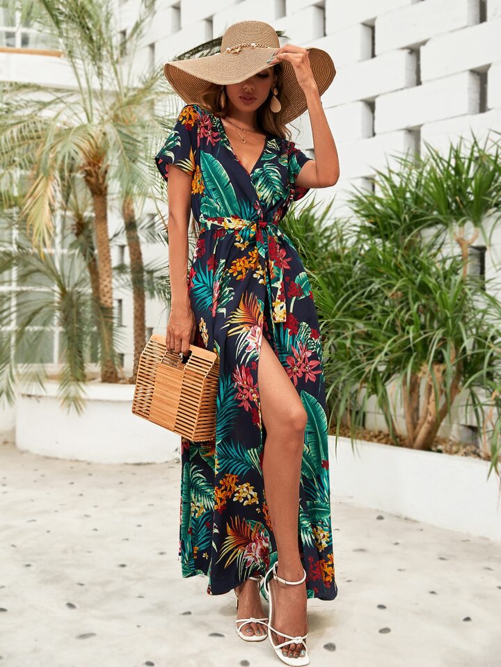 DUNDROP ♥ DD Pastoral style floral layered dress Entro Women's Tiered Floral & Stripe Surplice Dress (Small