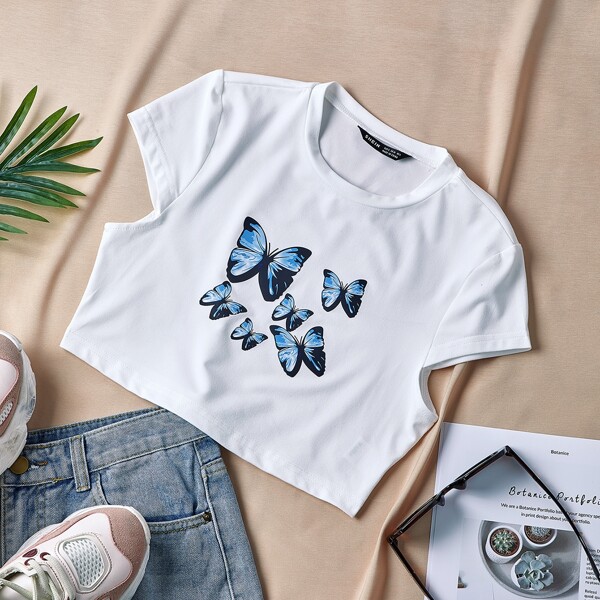 

Butterfly Print Crop Tee, White