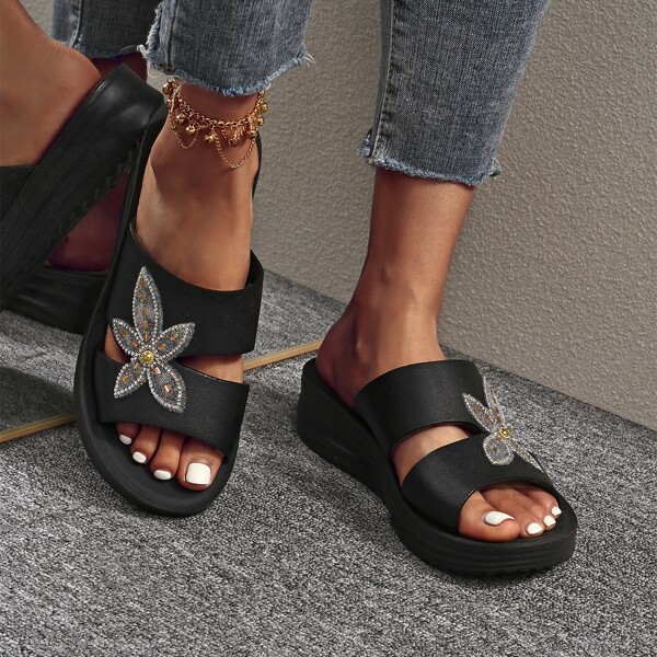 

Rhinestone Detail Flower Pattern Slides, Black